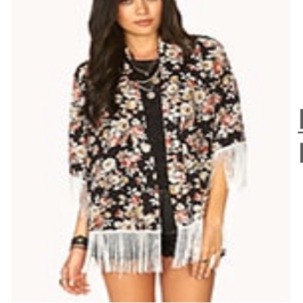 Forever 21 Floral kimono with fringes